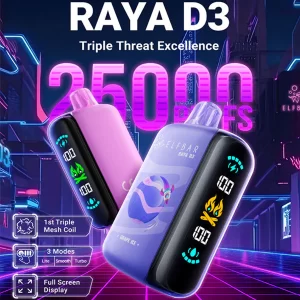 Elf Bar Raya D3 25000 puffs disposable vape pod featuring Type-C charging and 850mAh battery, ensuring long-lasting use in India.