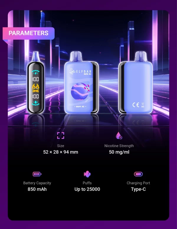 Large digital tube display of Elf Bar Raya D3 25000 puffs disposable vape pod, showcasing easy monitoring for vapers in India.