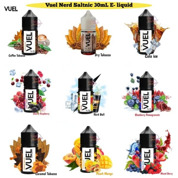 VUEL NERD Nic Salt India – Premium flavors like Mango Ice, Blueberry Ice, Double Apple, Strawberry Ice, Sweet Melon, Mad Blue, Caramel Tobacco, Vanilla Custard, Watermelon Ice, Banana Ice, Mango Peach, and Mixed Berries.